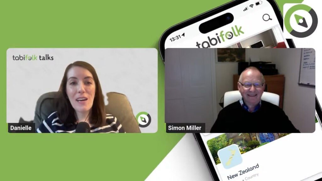 A "tabifolk talks" virtual session features Danielle and Simon Miller in a split-screen video call, with a tabifolk travel app backdrop.
