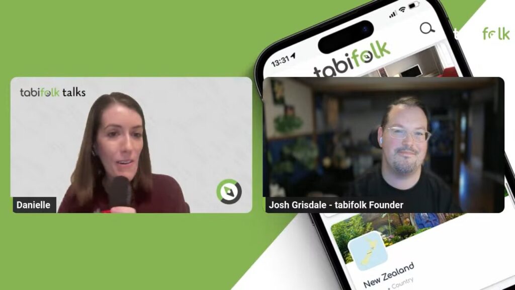 A "tabifolk talks" virtual session features Danielle and Josh Grisdale, the founder of tabifolk, in a split-screen video call.