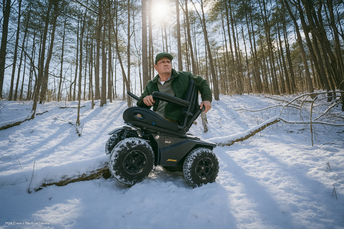 Man rides an all-terrain mobility scooter over snow and a fallen branch in a sunlit forest.